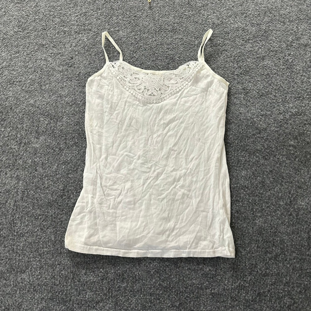 Power Flower Cami Womens Size L White Lace Trim Spaghetti Strap Cotton Blend